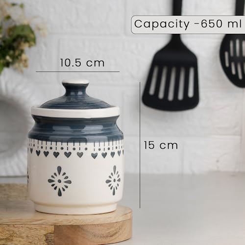 Image of The Earth Store Grey Drape Ceramic Jar with Wooden Tray | 650ml Each | Pickle Jar | Kitchen Storage Container Set for Pickle, Cookies, Sugar, Tea, Coffee - 2 Jars & 1 Tray Combo Set