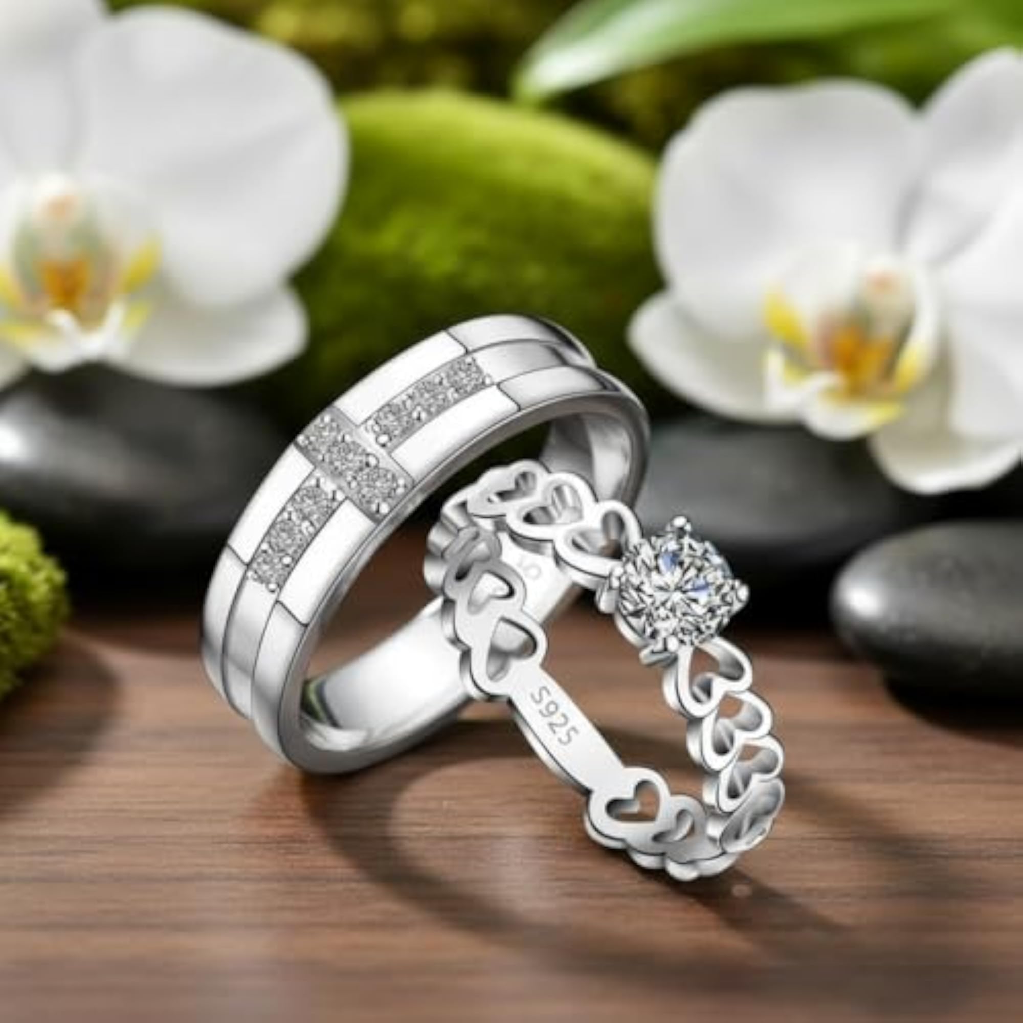 Adjustable Couple Rings Set with Heart Design, Matching