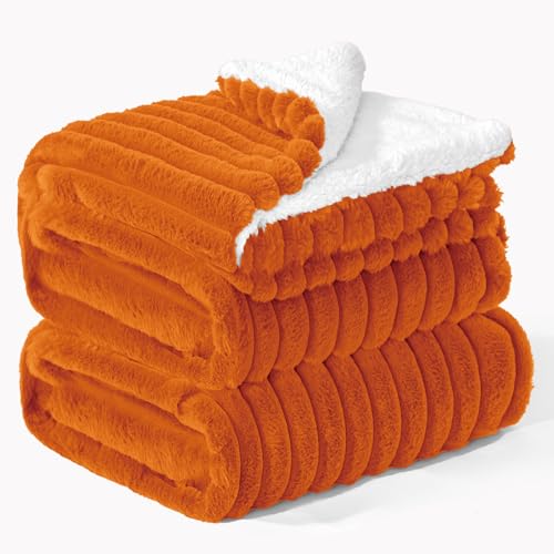 INFIIXSO Striped Sherpa Throw Blanket for Couch, Warm Plush, Orange, 90x90