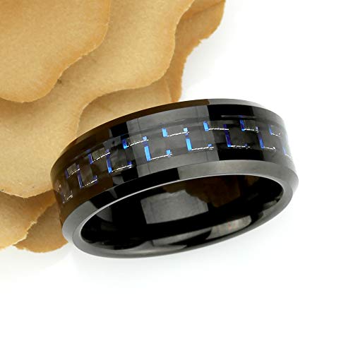 Personalized Custom Engraving Men's Women's Tungsten Wedding Band Engagement Ring 8mm Beveled Edge Black IP Plated with Blue & Black Carbon Fiber Inlay2