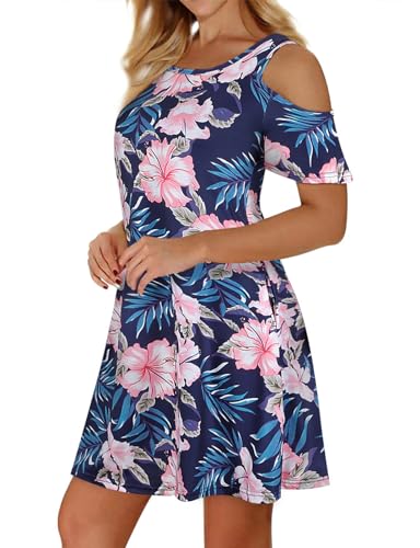 Image of Misyula Style Womens Summer Cold Shoulder Floral Flowy T-Shirt Dress with Pockets