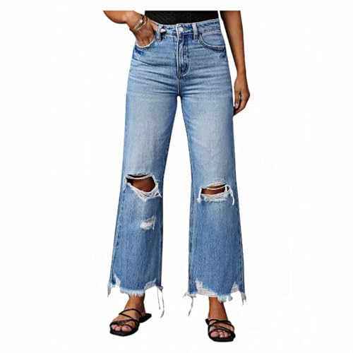 Women's Ripped Flared Jeans High Waisted Distressed Hem with Frayed Edges Boyfriend Wide Leg Denim Pants