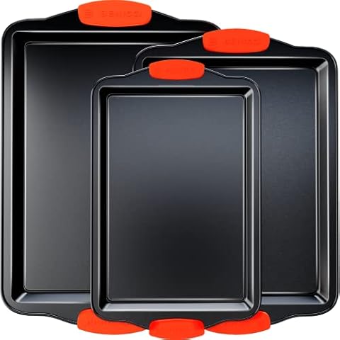 Premium Non-Stick Baking Sheets Set of 3 - Deluxe BPA Free, Easy to Clean Racks w/ Silicone Handles - Bakeware Pans for Cooking Baking Roasting - Lets You Bake The Perfect Cookie or Pastry Every Time Cover