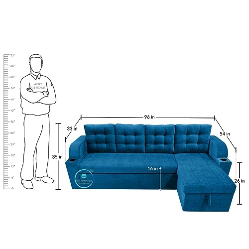 Image of Comfort Designs Nora Standard 5 to 6 Person Corner Sofa Cum Bed with Geometrical Right Hand Side Wood Sal Wood Frame Polyester Fabric (Blue)