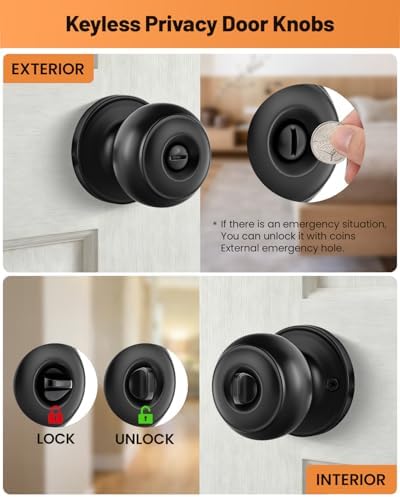 LANSTE Black Door Knobs, 10 Pack Privacy Door Knobs Interior Door Knob for Bedroom/Bathroom Keyless Doorknobs Interior/Exterior Lockset, Black Modern Design Door Hardware - 3