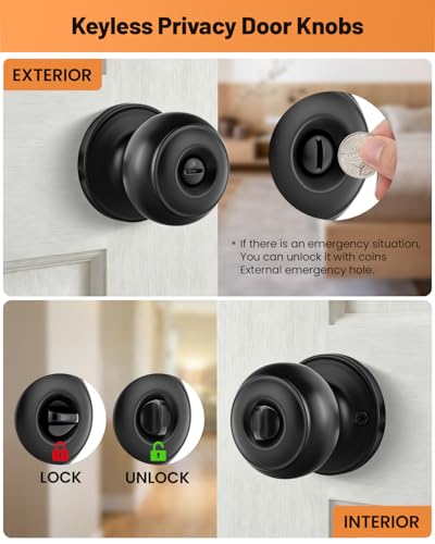 LANSTE Black Door Knobs, 10 Pack Privacy Door Knobs Interior Door Knob for Bedroom/Bathroom Keyless Doorknobs Interior/Exterior Lockset, Black Modern Design Door Hardware