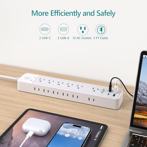 Surge Protector Power Strip - AiJoy 5Ft Extension Cord with Multiple Outlets,12 Outlets,4 USB Ports(2 USB-C),1500J Surge Protection Wall Mount for Home Office Supplies, Dorm Essentials - Thumbnail 2
