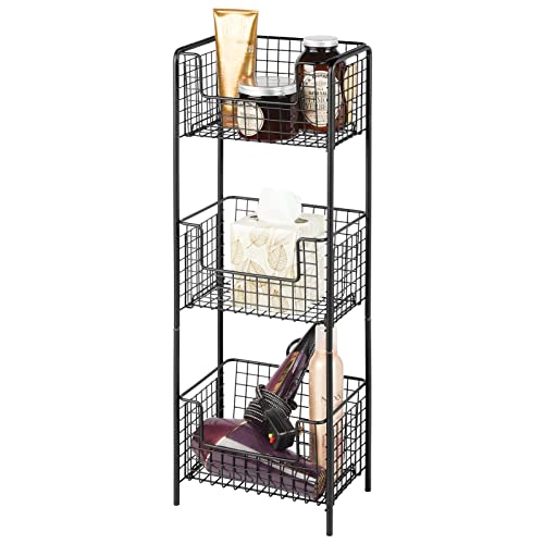 mDesign Steel Freestanding Storage Organizer Tower Rack Basket Shelf, Metal 3-Tier Furniture Unit for Master/Guest Bathroom, Powder Room - Holds Bath Towels, Soap - Concerto Collection - Black