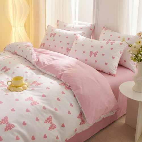 Freyamy Schleife Bettwäsche 135x200 Rosa Weiß Schleifen Herz Bettwäsche Set – Ansicht 4