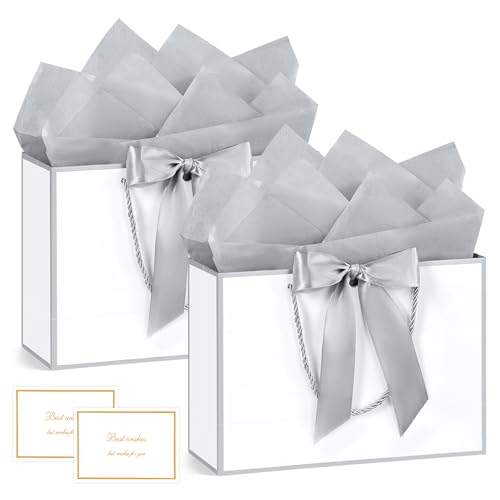 BBLIKE Pochette Cadeau Papier - 2 Pièces Sac Emballage Cadeaux Grand Format Avec Anse, Gift Bag Paquet 28 * 20 * 10CM Luxe Avec Noeud + 2 Cartes + 4 Mouchoirs Pour Fête d'Anniversaire (Blanc-Argent)