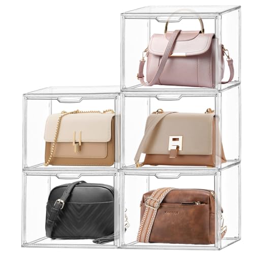 XinTianZhiGuang 5 Pack Clear Acrylic Purse Organizer for Closet, Display Case for Handbag, Stackable Storage Boxes Bag Organizer with Magnetic Door for Collectibles Shoes Book Toys