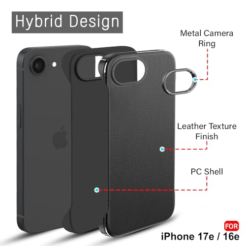 Image of TheGiftKart for iPhone 16e / iPhone 17e Case, Slim Hard Back Cover, Leather Texture Finish, Metal Camera Ring, Lightweight Profile, Hybrid Ultimate Slim Back Cover Case (PC & TPU, Black)