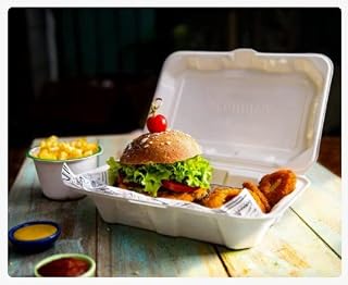 Ecoware 100% Natural, Biodegradable, Compostable, Ecofriendly, Bagasse, Safe & Hygienic Disposable Clamshell Box - Size 9 inch x 6 inch x 3 inch 100ML or 35oz (50)