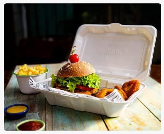 Ecoware 100% Natural, Biodegradable, Compostable, Ecofriendly, Bagasse, Safe & Hygienic Disposable Clamshell Box - Size 9 inch x 6 inch x 3 inch 100ML or 35oz (50)