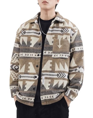 Image of Men's Aztec Print Shacket Woolen Button Up Shirt Jacket Coat (z-Khaki-XXXL)