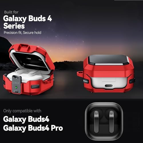 Image of Oboe Tough Case 'Compatible with' Samsung Galaxy Buds 4 & 4 Pro Case with Secure Lock Clip & Keyring (Red) [Buds & ChargingCase NOT Included]
