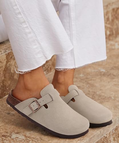 Image of KIDMI Genuine Suede Clogs for Women Men Cork Footbed Sandals Leather Mules Potato Shoes with Arch Support