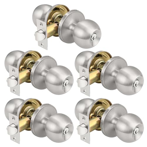 KNOBWELL Keyed Alike Door Locks in Brushed Nickel Finish, Keyed Entry Door Knob for Exterior Interior Door, Combo Pack Round Ball Shape Door Knobs, Exterior Door Handle, 5 Pack