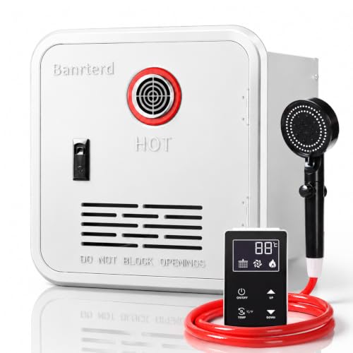 Banrterd RV Tankless Water Heater, 55000 BTU On Demand Instant Hot Water Heater, High Altitude Available, 15x15 inch White Door and Front Water Outlet, DC 12V CSA Certificated, Compatible with all RVs