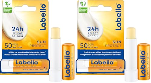 Labello Sun Protect SPF 50, cura delle labbra impermeabile ad alta protezione solare, cura delle labbra senza olio minerale con burro di karitè, vitamine e oli naturali (4,8 g) (Confezione da 2)