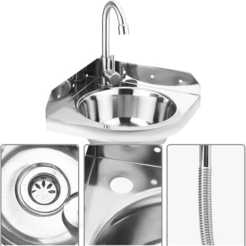 Wall Mounted Stainless Steel Corner Sink with Faucet - Portable Wash Basin for Bathroom, Restaurant, Rv, Outdoor Use - Space-Saving Design,
