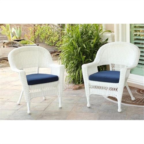 Jeco Wicker Chair in White with Blue Cushion (Set of 4)