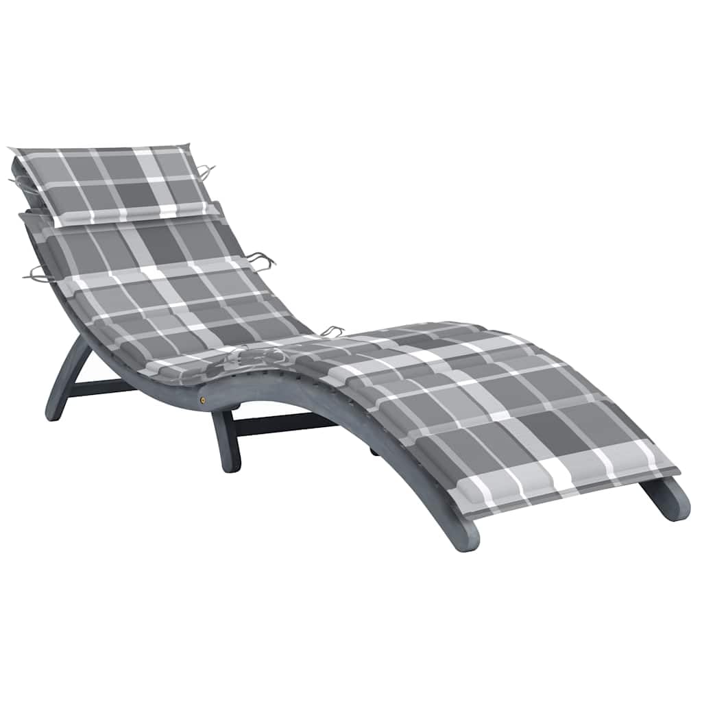 Lettino prendisole in legno massello di acacia con cuscino grigio e cuscino, pieghevole e regolabile per giardino, terrazza, balcone, piscina, con imbottitura e design ergonomico per il relax