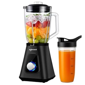 Safecourt Standmixer – Kraftvoller Smoothie Maker, Blender & Mixer [1200W & 1,5L Glasbehälter] – für Smoothies, Shakes, Suppen, Dips und mehr [inkl. 600ML BPA-freier To-Go Becher]