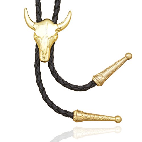 RechicGu Polish Golden Western Texas Longhorn Buffalo Steer Cow Skull Leather Rodeo Bolo Tie Necktie