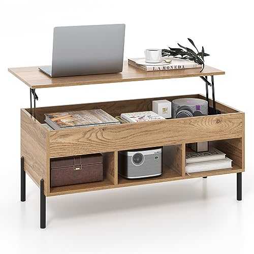 COSTWAY Lift Up Top Coffee Table, Wooden Lifting Cocktail Center Table with Hidden Storage Compartment, Open Shelf and Metal Legs, Rectangle Accent Sofa Side Tea Tables for Living Room (Natural)