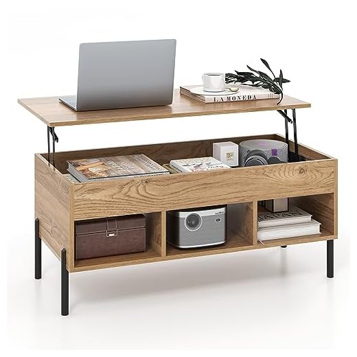 COSTWAY Lift Up Top Coffee Table, Wooden Lifting Cocktail Center Table with Hidden Storage Compartment, Open Shelf and Metal Legs, Rectangle Accent Sofa Side Tea Tables for Living Room (Natural)