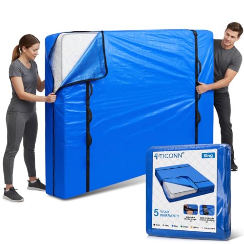 TICONN Mattress Bags for Moving Heavy Duty King Mattress Cover Storage Bag with Full-Around Handle and Adjustable Buckles (Blue King)