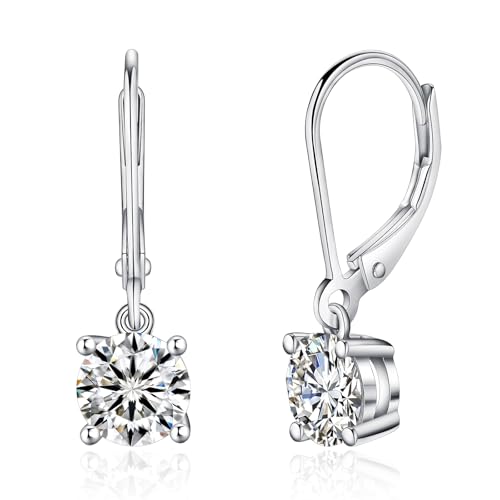 IMOLOVE Moissanite Leverback Drop Earrings for Women, Dangle Earrings 925 Sterling Silver with 18K White Gold Plated, Delicate Wedding Jewelry Gifts 2CT