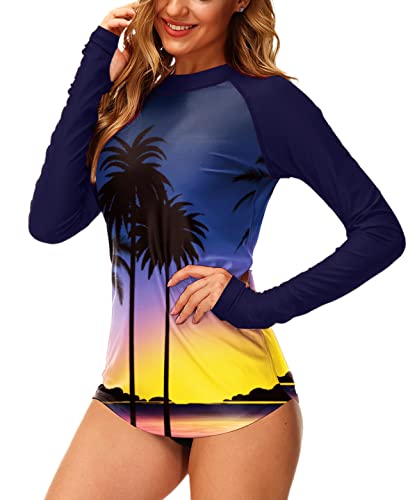 Aobute Spf 50 Swim Top Women Long Sleeve Uv Tropical Beach Rash Guard Coconut Tree Navy Xl #TOP2