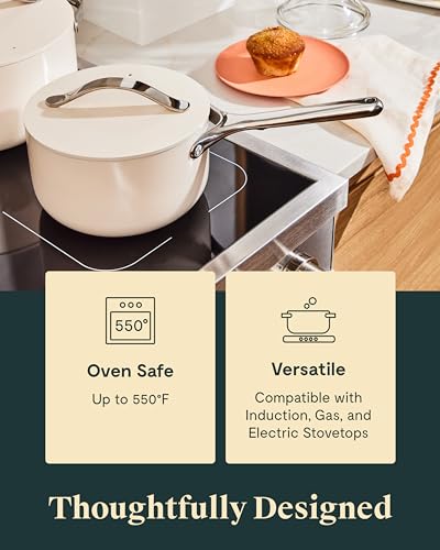 Image of Caraway Nonstick Ceramic Sauce Pans with Lids (3 qt & 1.75 qt) - Non Toxic, PTFE & PFOA Free - Oven Safe & Compatible with All Stovetops (Gas, Electric & Induction) - Marigold