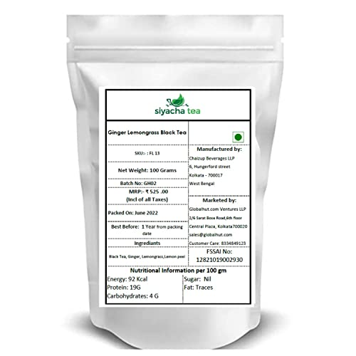 Image of Siyacha Tea Ginger Lemongrass Black Tea, 100 Grams, Helps in Digestion, Natural Anti Oxidants Rich, Energy & Immunity Booster, Whole Loose Leaf Beverage, Makes 50 Cups (approx)