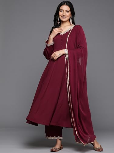 Image of Varanga Women Maroon Zari & Sequins Embellished Anarkali Kurta with Bottom and Dupatta - V-Neck, Potali Button Yoke, Long Sleeves