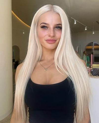 VEBONNY White Blonde 613 peruca de renda frontal sem cola para mulheres de aparência realista cabelo sintético loiro platina parte do meio 22 polegadas peruca de renda VEBONNY-035-NEW