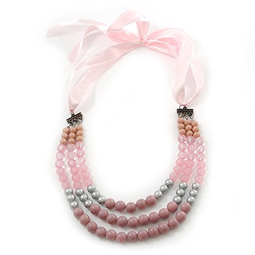 Collar de perlas rosa de seda largo con múltiples capas para regalar