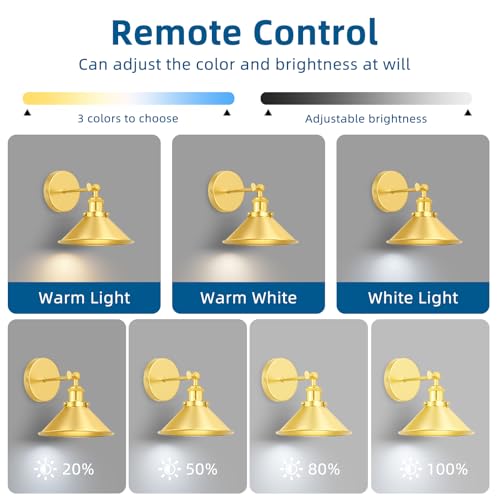 Image of Gold Battery Operated Wall Sconce Set of 2,Vintage Wireless Wall Sconces with Remote,Dimmable Led Wall Lights,Wall Lamp Fixture Indoor Bedroom Living Room Kitchen,LED Bulbs Included