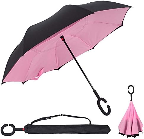Double Layer Inverted Umbrella Cars Reverse folding Umbrella Windproof UV Protection Big Straight Umbrella for Car Rain &Sun Outdoor With C-Shaped Handle Travel Umbrella (Light Pink)
