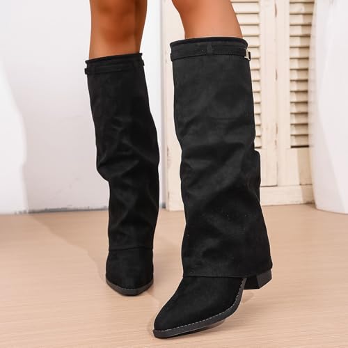 Chunky Knee High Boots for Women Slouchy Suede Wide Calf Tall Booties Pointed Toe Dress Shoes2