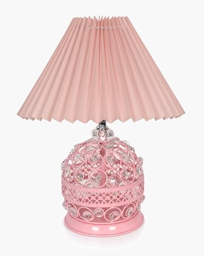 Image of Homesake Modern Small Crystal Table Lamp, Contemporary Bedroom Bedside Nightstand Lamp Light, Desk Globe Lamp for Living Room Girls Kids Room, Fabric Shade (Pink Pleated)