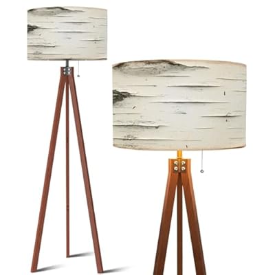 QFHOMTEOL Wood Tripod Floor Lamp Birch bark Modern Standing Lamp Linen Lampshade Dimmable Tall Lamp Mid Century Floor Lamp for Living Room Bedroom