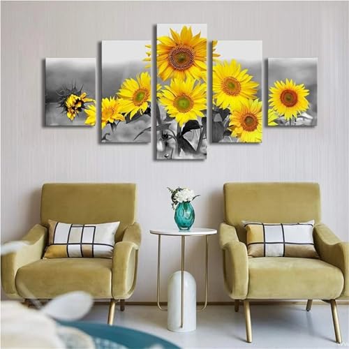 Broderie Diamant Adulte pour Décoration Chambre et Salon, Kit Complet Tournesol 5 Panneaux N-8095