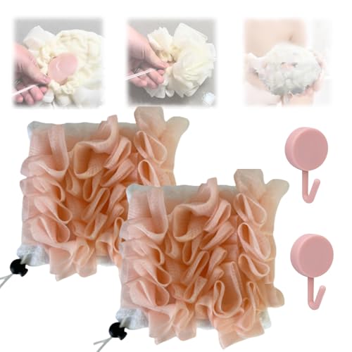 The Leeffa Soft Loofah and Washcloth, 2 in 1 Bath Loofah Sponge, Bath Ball Towel Loofah with Drawstring, Shower Sponge for Body (Pink 2Pcs)