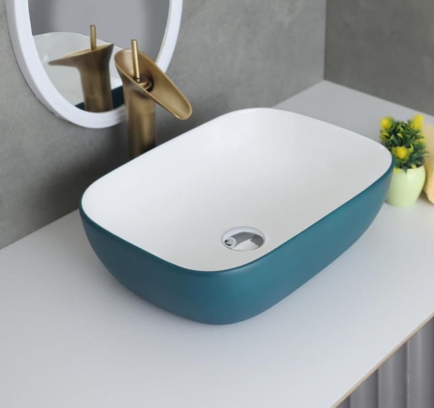 SEA SHORE Premium Designer Table Top Ceramic Wash Basin For Living Room/Countertop Vessel Sink with Slim Rim for Bathroom (46.5x32.5x13 CM, Cyan & White) (B0CSVYXCW7) Amazon Price History, Amazon Price Tracker