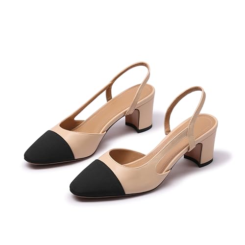 Slingback Heels for Women Nude Sling Back Pumps Two Tone Chunky Heel Shoes Cap Toe Slingbacks Heeled Office Dress Shoes3