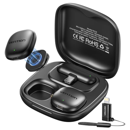 VENTION Mini Microfono Wireless per iPhone 17/16/15 Pro Max, [Plug and Play] USB-C Bluetooth Lavalier Microfono per Android,Dotato di custodia di ricarica da 24 ore per Registrazioni Video,Vlogging