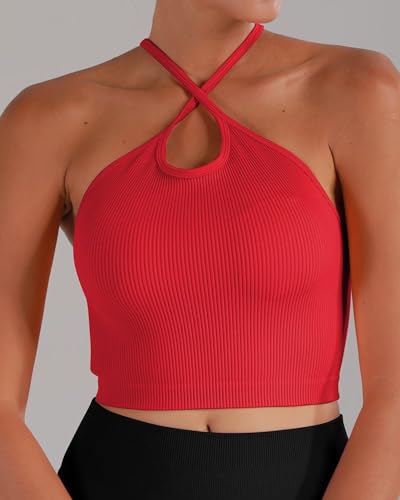 Image of Sunzel Free to Be Tank, Crop Ribbed Tank Tops Seamless Racerback Camisoles No pad Camis Cropped Workout Gym Yoga